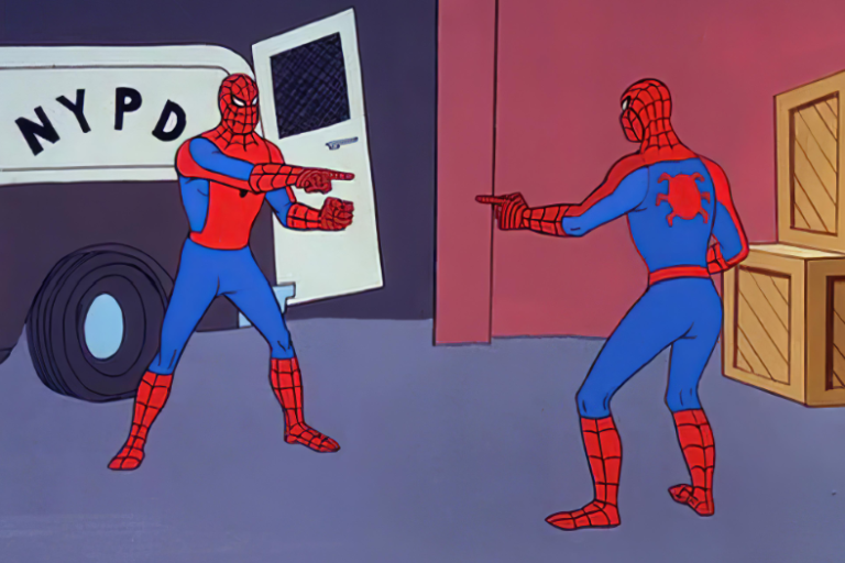 Spidermen pointing at eachother Spidermen pointing at each other
